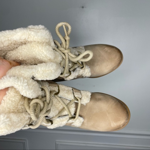 Sorel Joan of Arctic Wedge II Shearling Trim Sand Leather Boot - Picture 3 of 10